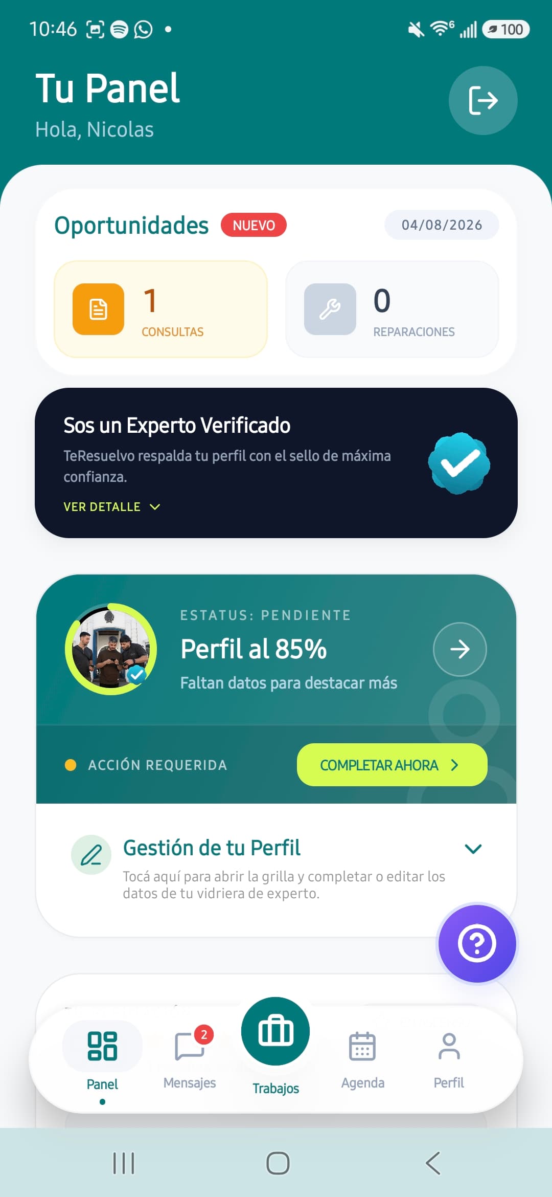 Pantalla real de la app TeResuelvo